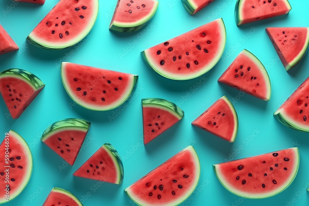 Trendy Summer pattern made with watermelon on bright light blue background, Minimal summer concept. Fruit, berry wallpaper. ai generated. Trendy Summer pattern made with watermelon on bright light blue background, Minimal summer concept. Fruit, berry wallpaper. ai generated.