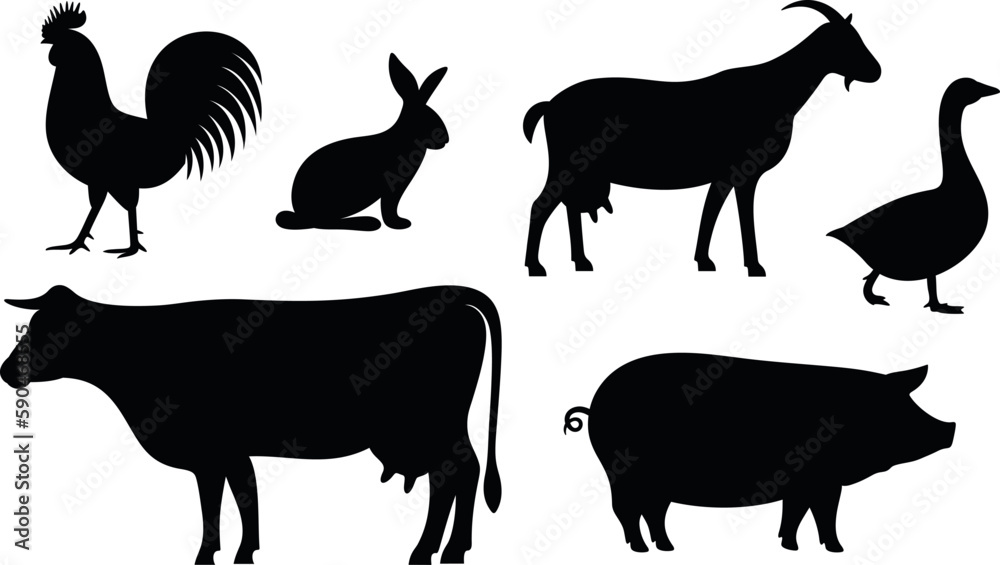 Farm animals silhouette. Isolated farm animals on white background
