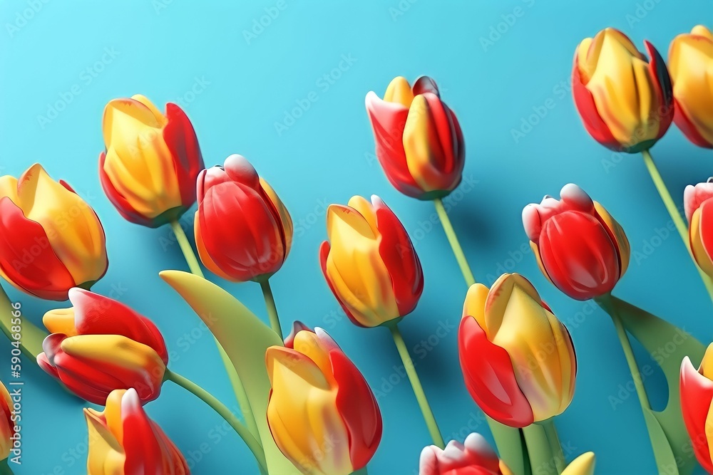 Trendy Summer pattern made with yellow and red tulips on bright light blue background, Minimal summer concept. Floral wallper. ai generated. Trendy Summer pattern made with yellow and red tulips on bright light blue background, Minimal summer concept. Floral wallper. ai generated.