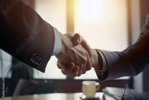 Conceptual image of business, handshake in the offie created with Generative AI technology.