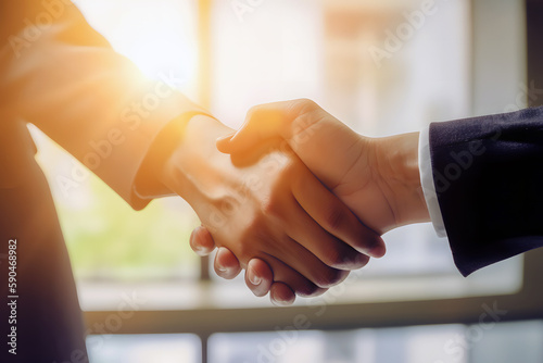 Conceptual image of business, handshake in the offie created with Generative AI technology. photo