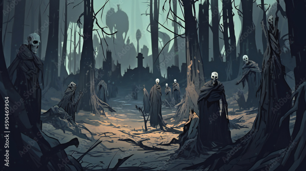 Haunted Forest Illustration - Ghostly Figures and Bones Among Trees, Dark and Fearful Atmosphere, generative AI
