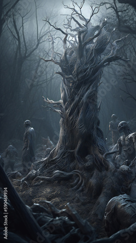 Cursed Woods in 3D - Monstrous Creatures and Gnarled Trees, Intense and Terrifying Scene, generative AI