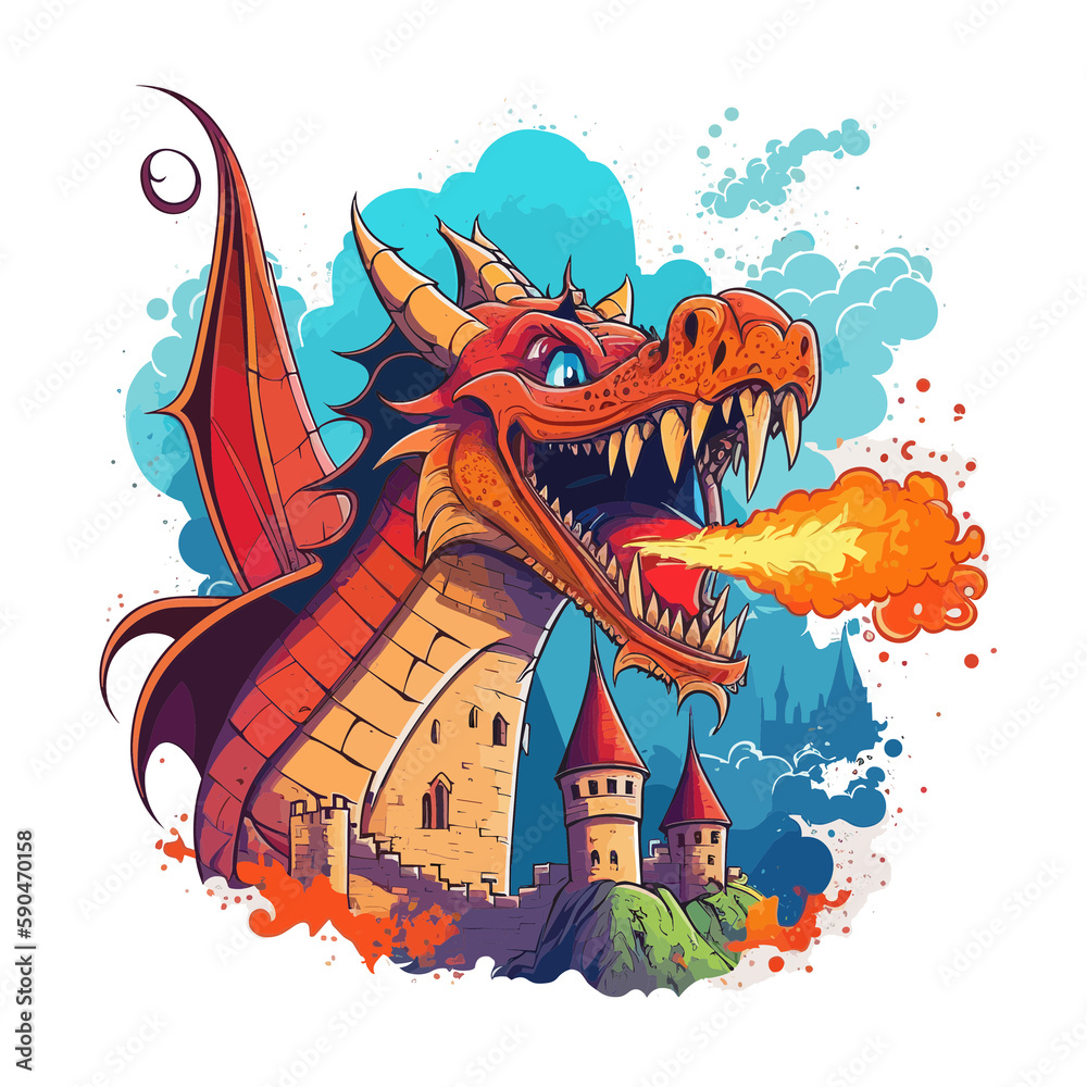 Naklejka premium The Fire Breathing Dragon! Witness the power of this dragon as it breathes fire over a castle