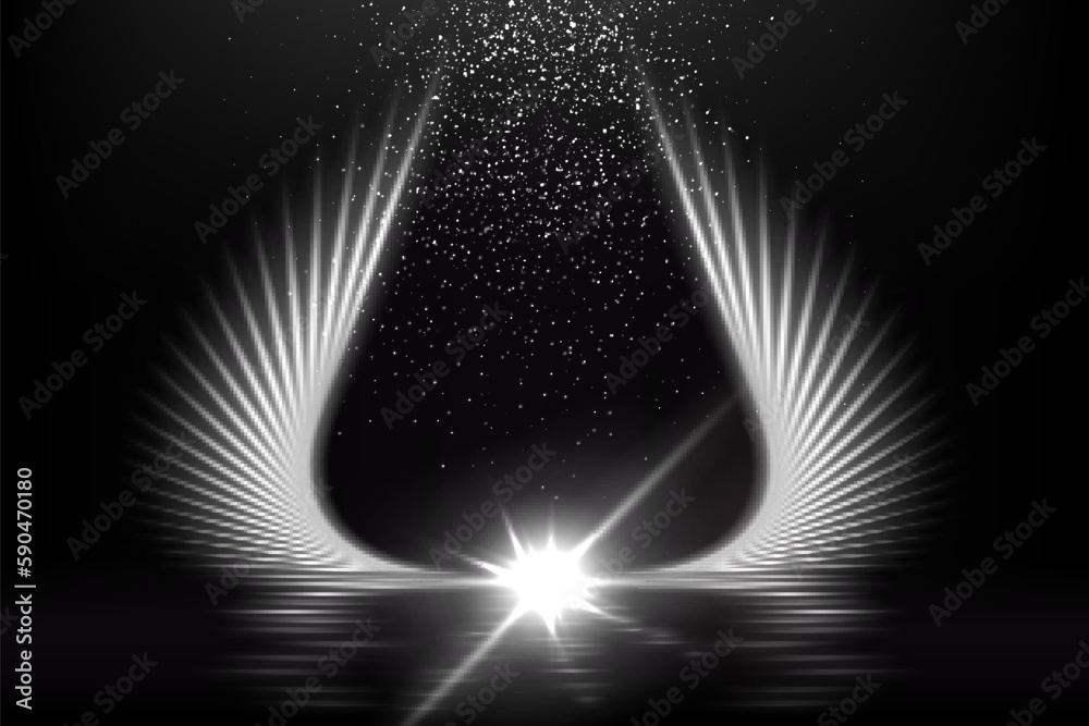 White light wings with star glowing on black background. Silver bright ...
