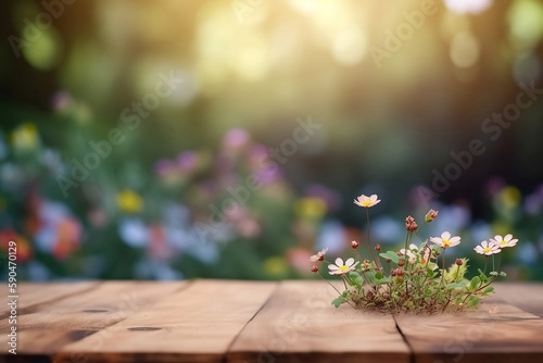 Empty Wood Table with Blurred Garden Background and Bokeh Space for product
