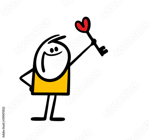 Happy stickman holds a key in shape of heart as a romantic gift.