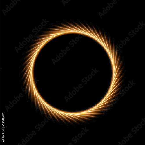 Solar eclipse with gold fiery flashes on edge, circle frame of sun star with sparkles