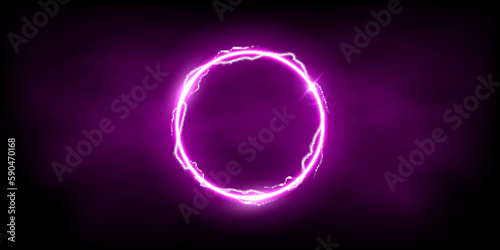Magic purple ring of thunder storm blue lightnings. Magic and bright light effects electric circle. Round plasma frame with thunderbolt electricity lightning power effect on fog background