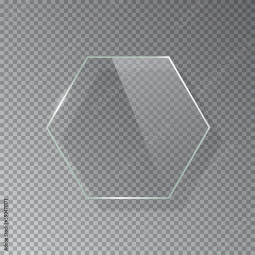Realistic 3d hexagon glass frame isolated on grey transparent background. Creative border plate object, framework.