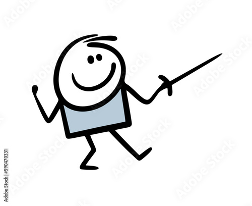 Funny stickman in the pose of a swordsman holds a sharp sword in his hand.