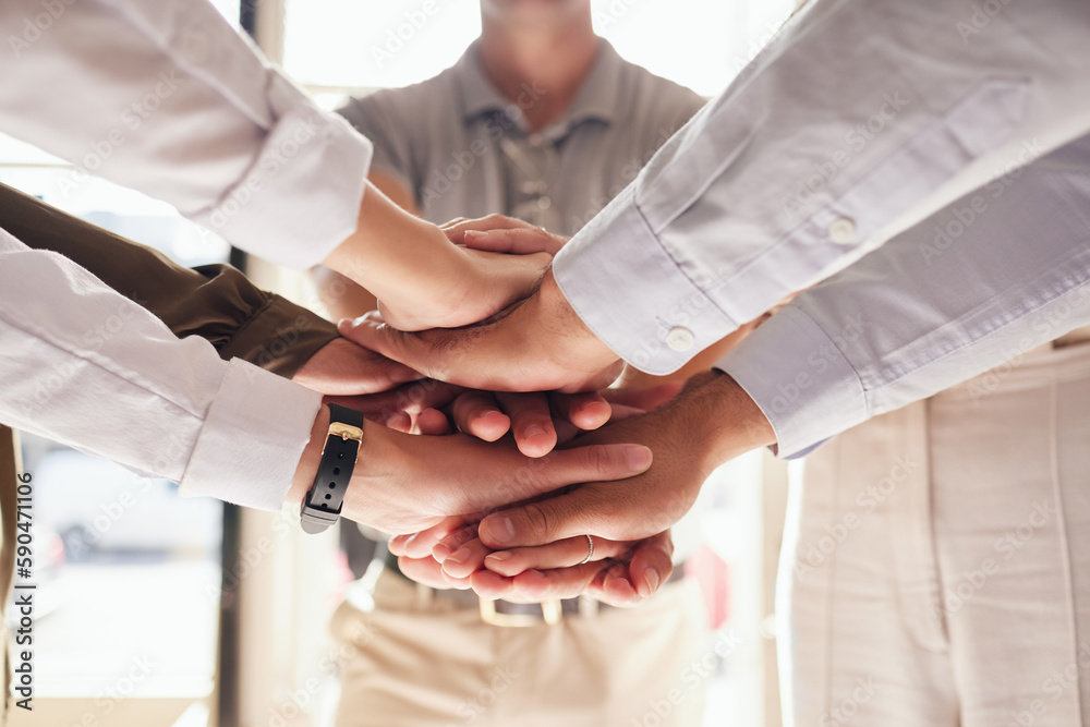Teamwork, collaboration and hands stacked for support, target or team building mission in office circle or group. Business people with together hand sign for community goals or professional workflow