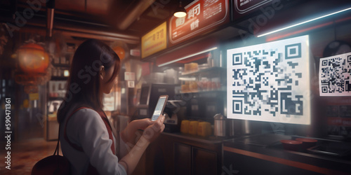 Using  smartphone to make payments through a QR code. Digital payment method is convenient and secure, making it easy for customers to pay quickly and safely. generative ai. photo