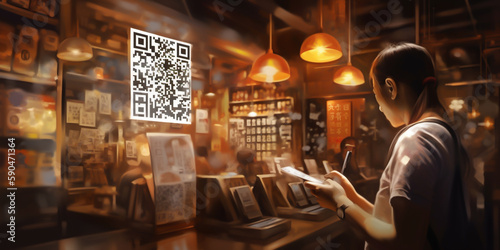 Using smartphone to make payments through a QR code. Digital payment method is convenient and secure, making it easy for customers to pay quickly and safely. generative ai.