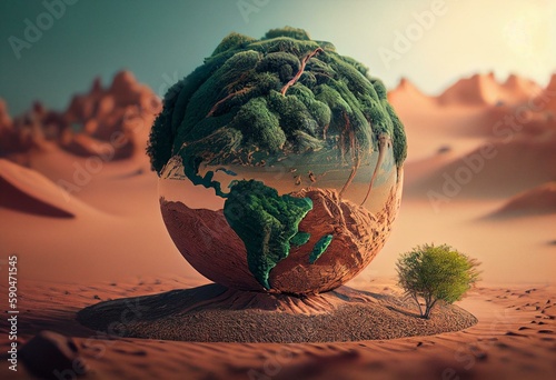 Tablou canvas The green globe is located in extremely arid soil ai generative