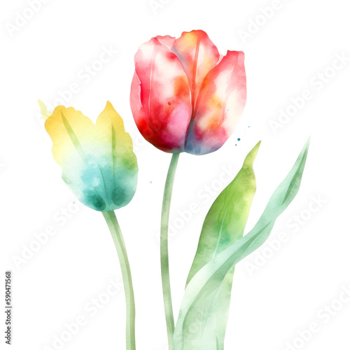 Tulips on white background. Pink and yellow tulip flowers for Mother day and Valentines day postcards and greeteeng cards. Watercolor tulip flowers isolated on white background. Generative AI.