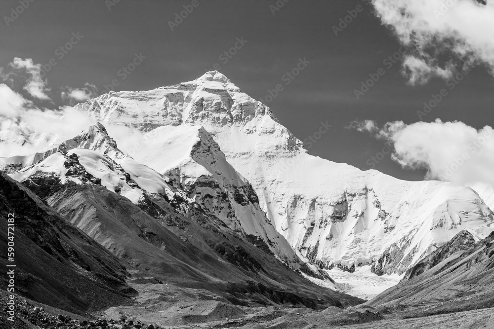Spectacular mountain scenery on the Mount Everest Base Camp trek through the Himalaya, Nepal in stunning black and white Group of climbers reaching the Everest summit in Nepal. view of Mount Everest