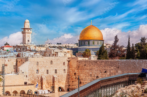 Western Wall or Kotel dominated by the Dome of the Rock in Jerusalem  Israel