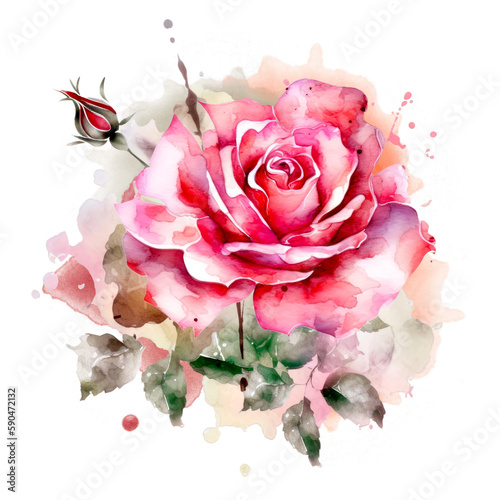 Beautiful rose on white background. Pink and red rose flower for Mother day and Valentines day postcards and greeteeng cards. Watercolor rose flowers isolated on white background. Generative AI.
