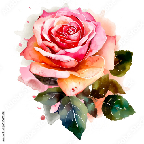 Beautiful rose on white background. Pink and red rose flower for Mother day and Valentines day postcards and greeteeng cards. Watercolor rose flowers isolated on white background. Generative AI.