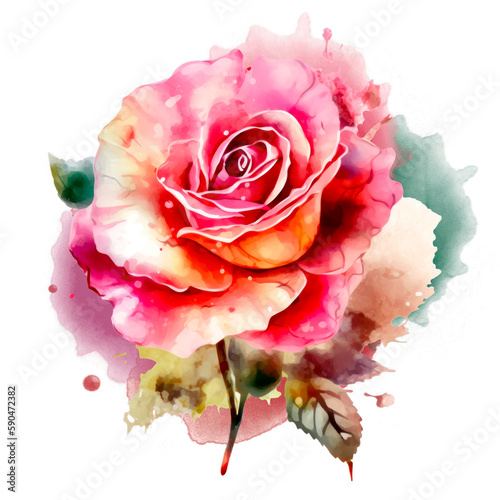 Beautiful rose on white background. Pink and red rose flower for Mother day and Valentines day postcards and greeteeng cards. Watercolor rose flowers isolated on white background. Generative AI.