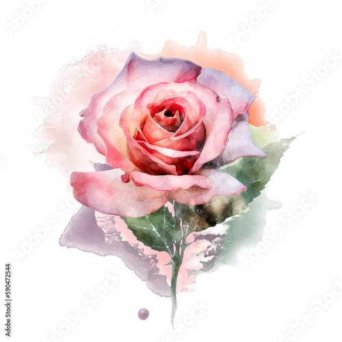Beautiful rose on white background. Pink and red rose flower for Mother day and Valentines day postcards and greeteeng cards. Watercolor rose flowers isolated on white background. Generative AI.