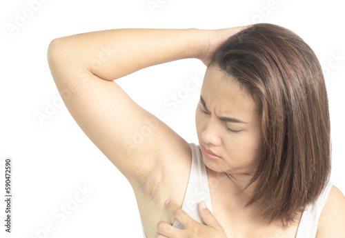 Women problem black armpit on white background for skin care and beauty concept, selective focus