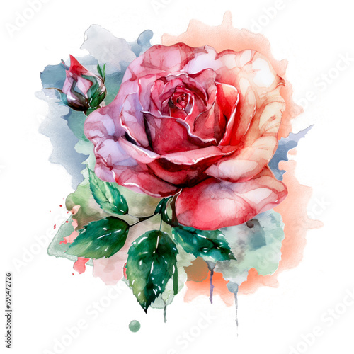 Beautiful rose on white background. Pink and red rose flower for Mother day and Valentines day postcards and greeteeng cards. Watercolor rose flowers isolated on white background. Generative AI.