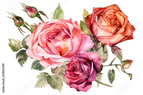 Beautiful rose on white background. Pink and red rose flower for Mother day and Valentines day postcards and greeteeng cards. Watercolor rose flowers isolated on white background. Generative AI.