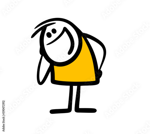Funny woman bowed her head and laughs at joke.