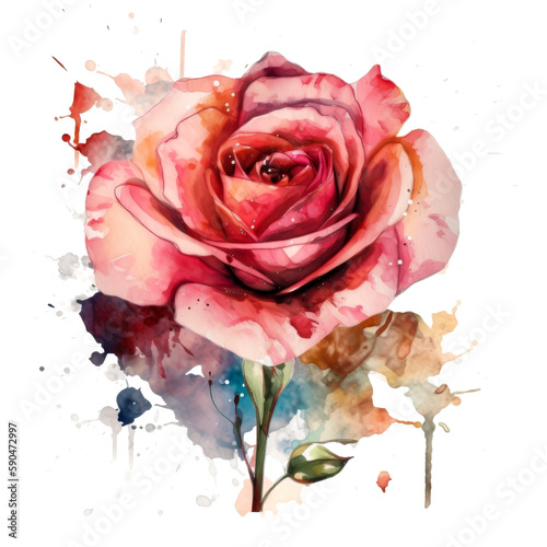 Beautiful rose on white background. Pink and red rose flower for Mother day and Valentines day postcards and greeteeng cards. Watercolor rose flowers isolated on white background. Generative AI.