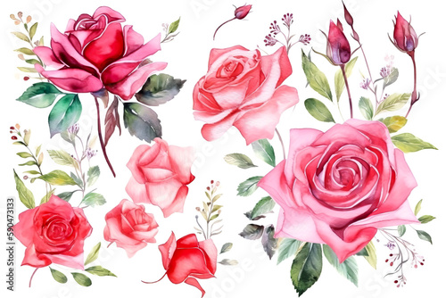 Beautiful rose on white background. Pink and red rose flower for Mother day and Valentines day postcards and greeteeng cards. Watercolor rose flowers isolated on white background. Generative AI.