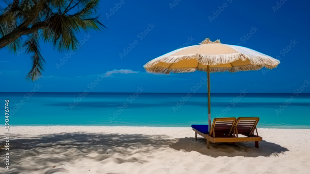 Beach loungers under a parasol at the turquoise sea. Vacation, sun, sea, beach and palm trees. Generative AI
