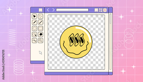 A computer window of retro graphic redactor with smiling face on a gradient background, vector Y2K illustration.