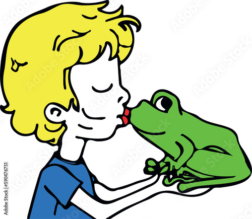 Vector illustration of a boy kissing a frog isolated on a white background.