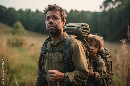 Portrait of Father and Son with hiking backpacks on the field. Daylight. Generated Ai . Father's Day concept