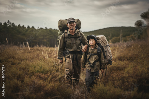 Portrait of Father and Son with hiking backpacks on the field. Daylight. Generated Ai . Father's Day concept