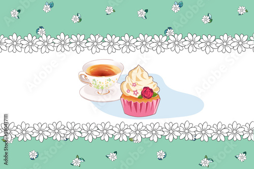 tea time break time black tea cake fresh cream strawberry cupcake muffin gift card message card