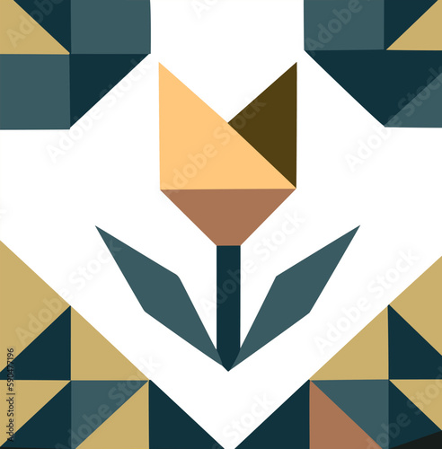 Abstract geometric design with bright orange and green shapes  flower on a stark white background
