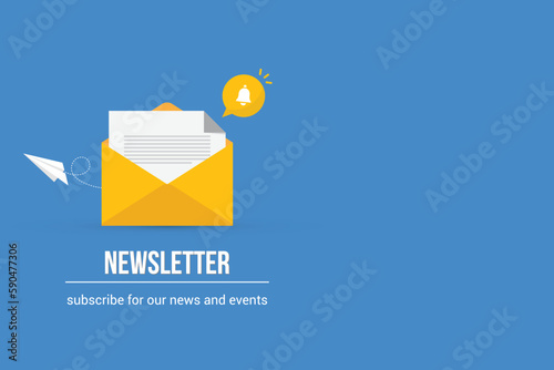 Newsletter. vector illustration of email marketing. subscription to newsletter, news, offers, promotions. a letter and envelope. subscribe, submit. send by mail.	