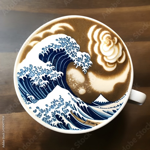 the great wave off kanagawa latte art in the style of Hokusai Fototapeta