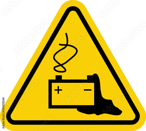 Battery pack sign. Battery short circuit warning sign. Yellow triangle sign with battery icon inside. Danger when charging batteries. Damaged battery pack. Acid is leaking from the battery pack.
