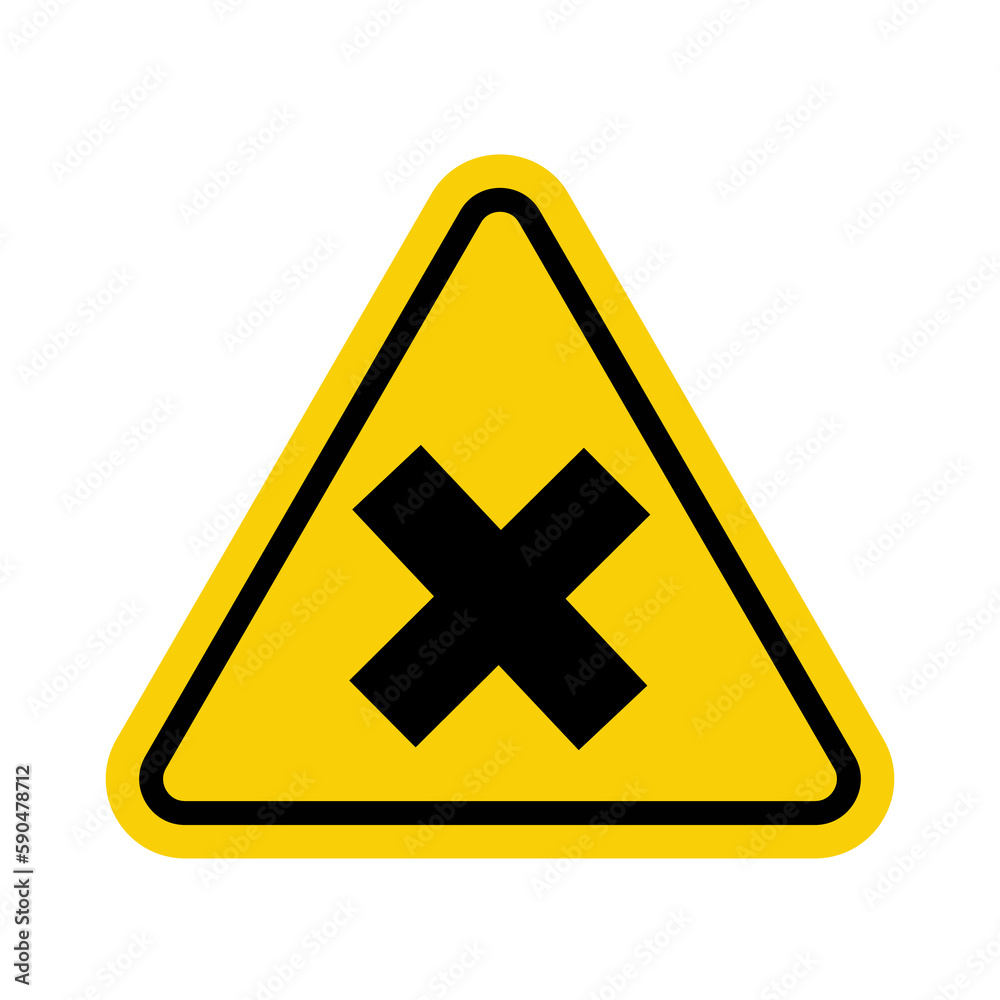Sign of harmful or irritating substances. Warning sign irritating substances. Yellow triangle sign with a cross icon inside. Danger, allergic irritants harmful to health. Sign of harmful or irritating substances. Warning sign irritating substances. Yellow triangle sign with a cross icon inside. Danger, allergic irritants harmful to health.