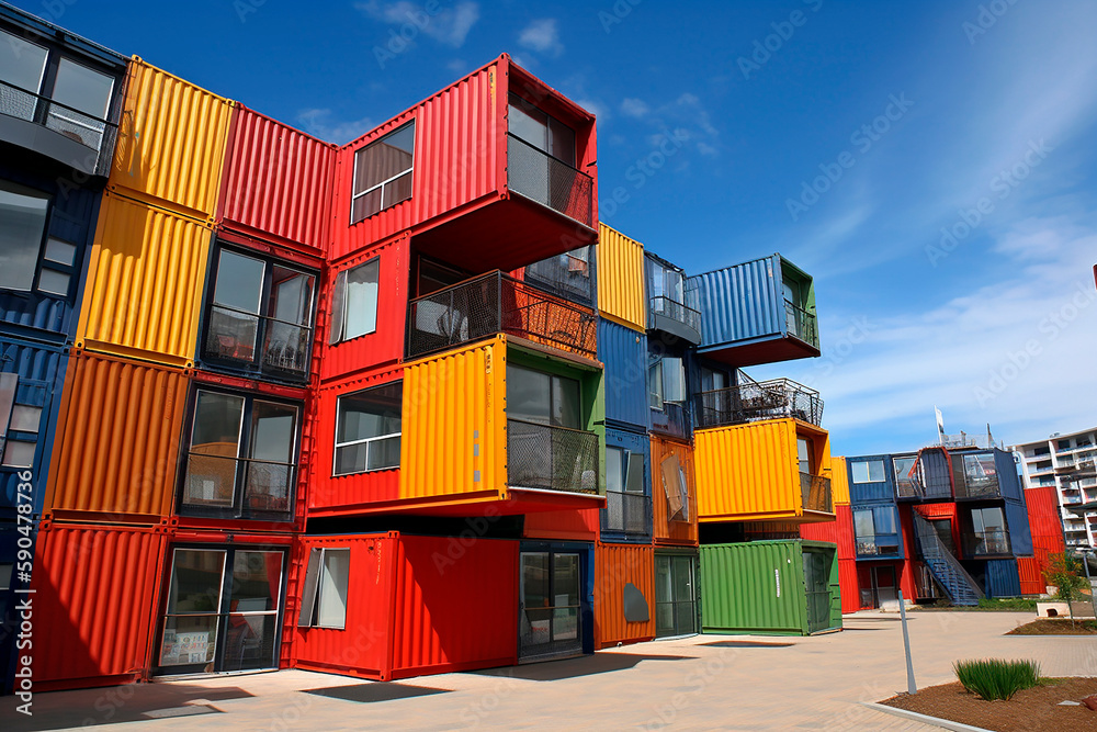 generative ai illustration of colorful Shipping container city block