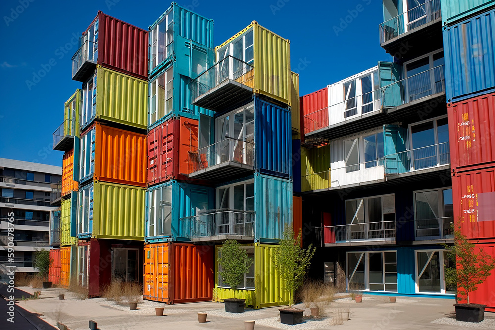 generative ai illustration of colorful Shipping container city block ...