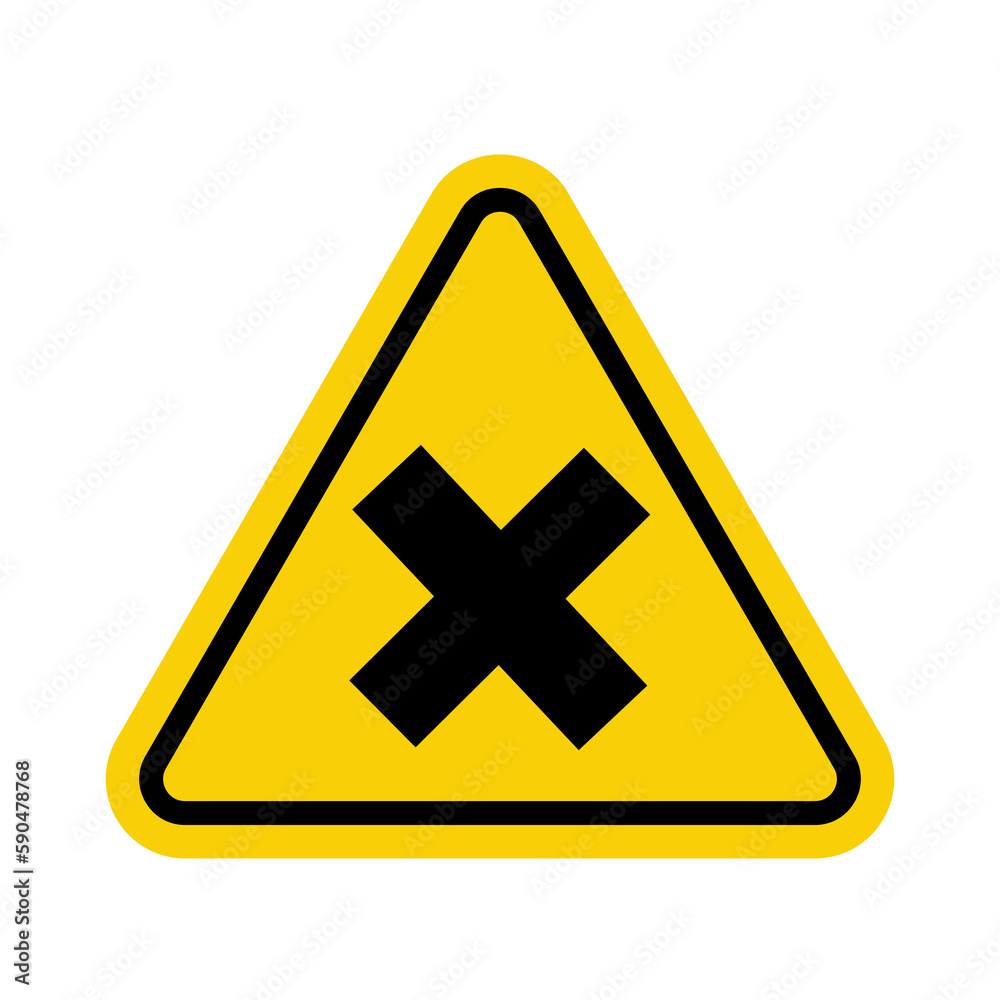 Sign of harmful or irritating substances. Warning sign irritating substances. Yellow triangle sign with a cross icon inside. Danger, allergic irritants harmful to health. Sign of harmful or irritating substances. Warning sign irritating substances. Yellow triangle sign with a cross icon inside. Danger, allergic irritants harmful to health.