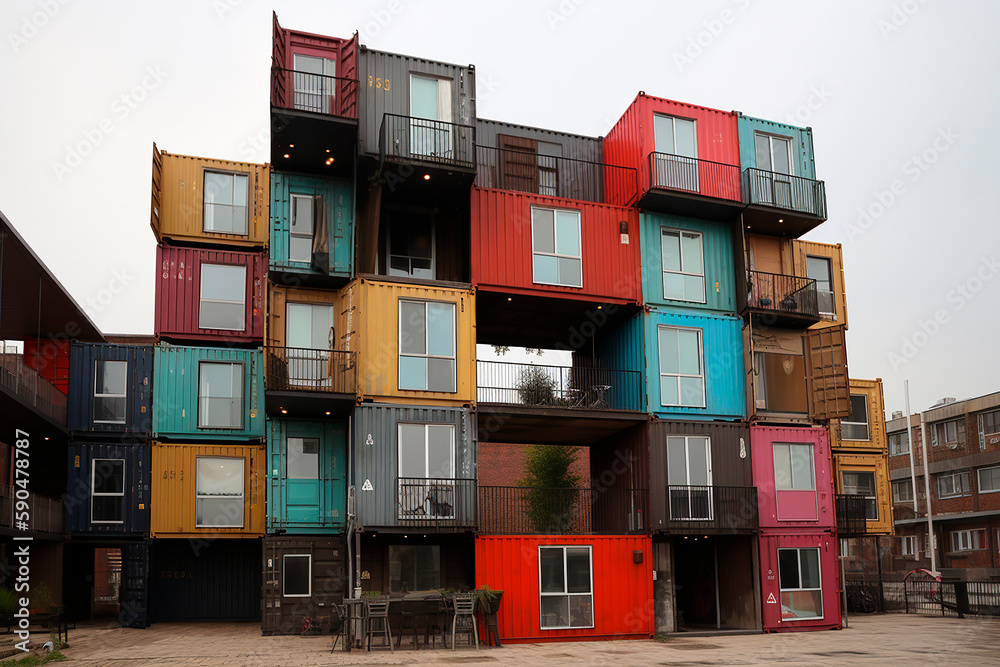 generative ai illustration of colorful Shipping container city block ...