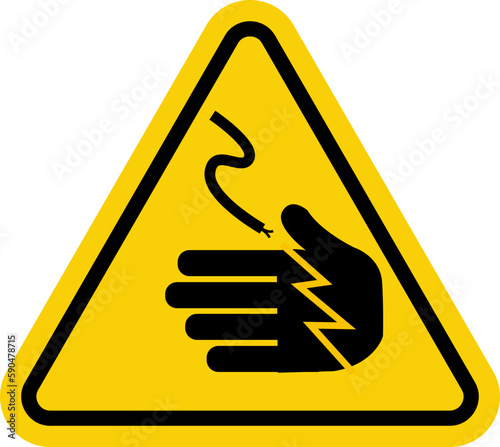 Electric shock sign. High voltage cable warning sign. Yellow triangle sign with damaged hand and cable icon inside. Careful not touch cable.