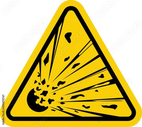 Explosive materials sign. Explosives warning sign. Yellow triangle sign with an explosion icon inside. Caution, explosive material. Life threatening.
