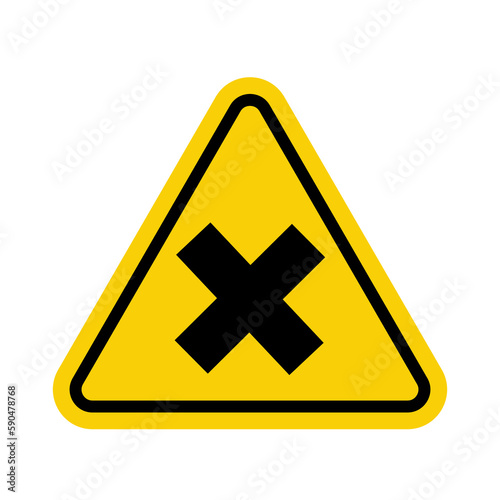 Sign of harmful or irritating substances. Warning sign irritating substances. Yellow triangle sign with a cross icon inside. Danger, allergic irritants harmful to health.